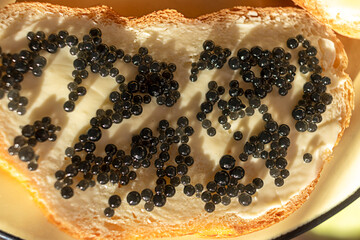 Fototapeta premium White bread sandwich with black grain sturgeon caviar, illuminated by sun on plate. Close-up. Top view.