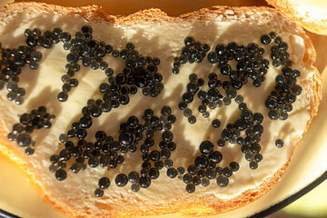 White bread sandwich with black grain sturgeon caviar, illuminated by sun on plate. Close-up. Top...