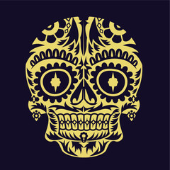 Gold color skulls patterns graphic print, It represents death in the next world, Design element for logo, tattoo, textile, fabric pattern design decorations templates and other designs.