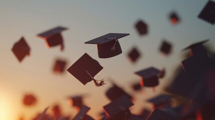 Sequence of mortarboards in mid-air signifying academic achievement