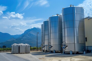 Winery Fermenting Vats. Modern Wine Tank in Clear Steel for Grape Fermentation and Ageing, Outdoors