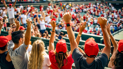Group of people raising their hands in the air at baseball game.
