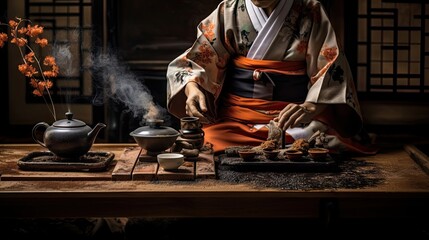 Samurai tea ceremony with intricate rituals and traditions. Japanese aesthetics, ritual, tatami,...