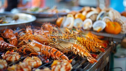 An outdoor seafood festival with stalls offering a variety of grilled, fried, and steamed seafood delights - obrazy, fototapety, plakaty
