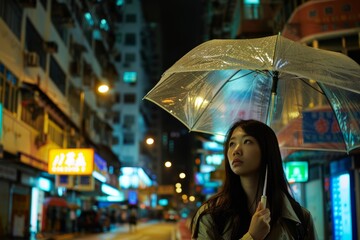 With an umbrella perched on her shoulder, a girl navigates the rainy streets with ease and grace, Generative AI