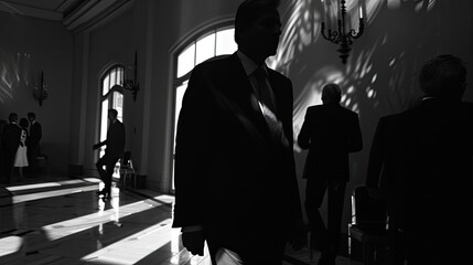 A shadowy figure gathering intelligence at a diplomatic event. Silhouette, many people, secret agent, secret organization. The concept of secret agents and spies in their tracks. Generative by AI