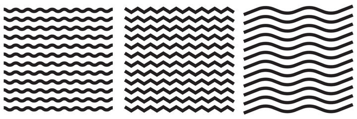 Wave line and wavy zigzag pattern lines. Vector black underlines, smooth end squiggly horizontal curvy squiggles - obrazy, fototapety, plakaty
