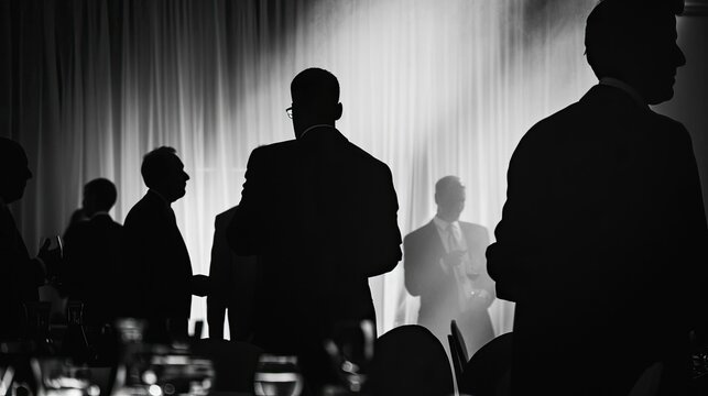 A shadowy figure gathering intelligence at a diplomatic event. Silhouette, many people, secret agent, secret organization. The concept of secret agents and spies in their tracks. Generative by AI