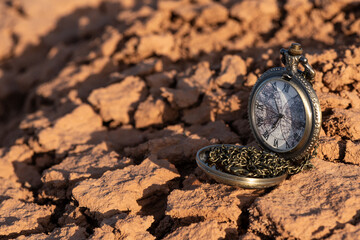 Pocket watch with a chain on clay, cracked by the heat in the desert