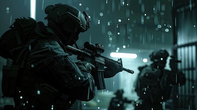 Stealth mission compromised with operatives on high alert. Special operation, operatives, rain, weapons, special equipment, military, mercenaries. The concept of modern warfare. Generative by AI