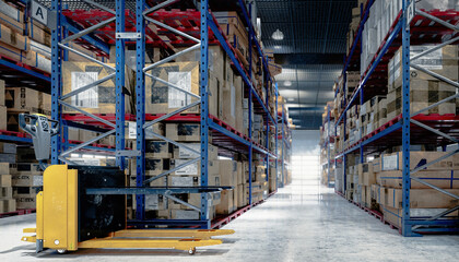 Large warehouse with forklift & rows of shelves with boxes - 3D Visualization