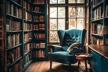 Library with bookshelves cozy reading area and a plethora of books. Concept Cozy Reading Nooks, Bookshelf Organization, Library Aesthetics, Reading Recommendations, Book Lover's Paradise