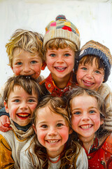 Group of children standing next to each other under snow covered sky.