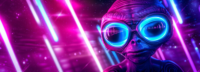 gros plan sur une tête d'alien avec des lunettes lumineuse sur un fond rose avec des rayons lumineux au format bannière web