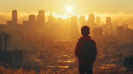 Boy standing on a hill overlooking a city during sunrise