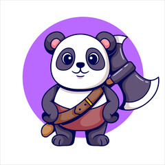 Adorable Panda with Medieval Warrior Style holding Giant Axe. Colorful