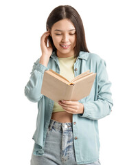 Young Asian woman reading book on white background