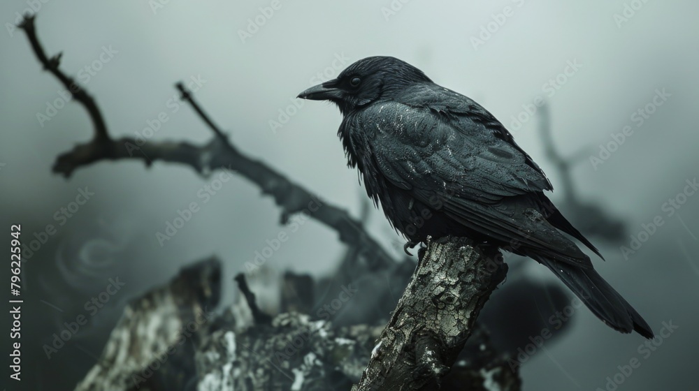 Aufkleber close-up of a bird perched on a tree covered in soot from air pollution, illustrating its impact on 