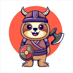 Adorable Sloth with Nordic Viking Warrior Costume holding Shield and Axe. Colorful Style