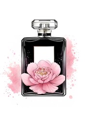 Perfume bottle with pink peony flower on watercolor splashes background. Cosmetic illustration for design, artwork, invitation card, wallpaper, backdrop