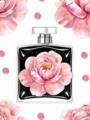 Watercolor painting of black perfume bottle with pink peony flowers. Cosmetic fashion illustration for design, artwork, invitation card, wallpaper, backdrop