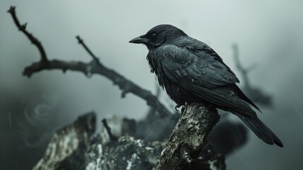 Fototapeta premium Close-up of a bird perched on a tree covered in soot from air pollution, illustrating its impact on wildlife