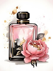 Luxury black perfume bottle with pink peony flower and gold splash background. Cosmetics fashion illustration painted with watercolor for design, invitation card, artwork, wallpaper, backdrop