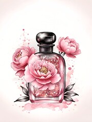 Bottle of perfume with pink sparkly and peony flowers. Cosmetics illustration painted with watercolor for design, invitation card, artwork, wallpaper, backdrop