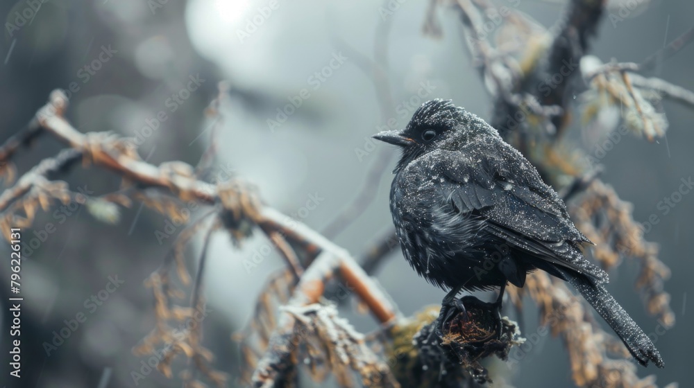 Aufkleber close-up of a bird perched on a tree covered in soot from air pollution, illustrating its impact on 