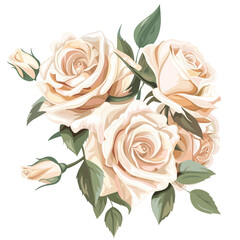 Vector illustration of a bouquet of beige roses with leaves.