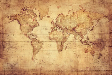 Vintage Map Texture A textured background featuring a vintage world map, suitable for educational websites, travel blogs, or historical documentary 