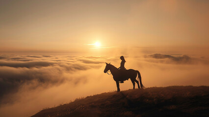 Kobieta na koniu ogląda zachód słońca ponad chmurami - obrazy, fototapety, plakaty