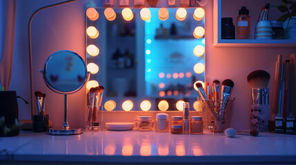 Elegant vanity table with glowing bulbs around mirror and makeup artist's tools