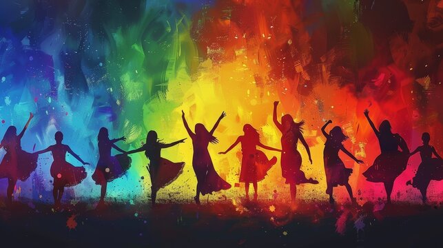 dancing women with colorful abstract background
