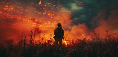 Obraz premium Firefighter stands in front of a raging wildfire