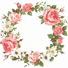 Floral frame with roses and daisies. Vector illustration.