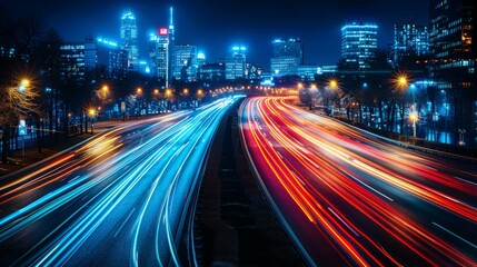 Dynamic urban lights, long exposure reveals swirling trails in the night, an abstract vision of speed and movement, AI Generative