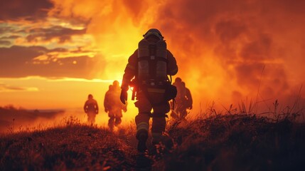 Firefighters walking towards a wildfire