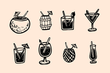 hand drawn illustration cocktails set. summer design elements