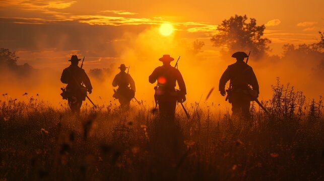 Four soldiers walking through a field of tall grass at sunset
