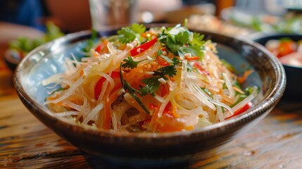 Close-up of a bowl of vibrant green papaya salad, bursting with tangy flavors and crunchy textures