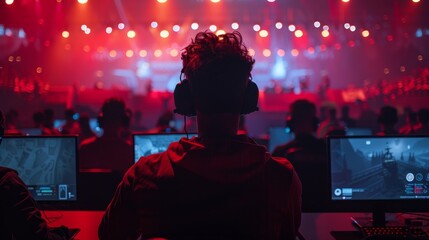 Gamer in a dark room with red lights