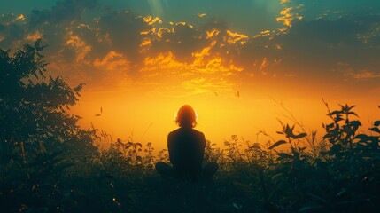 Obraz premium girl sitting in a field of tall grass watching the sunset