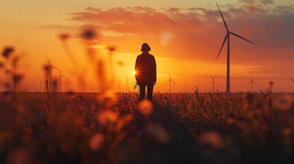 girl standing in a field of flowers at sunset with windmills in the background