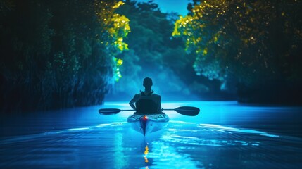  tranquil kayaking adventure through a bioluminescent bay, paddling amidst glowing plankton that illuminate the water with an ethereal blue light.  