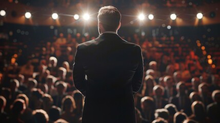 Rear view of a motivational speaker standing on stage in front of audience at a conference or business event