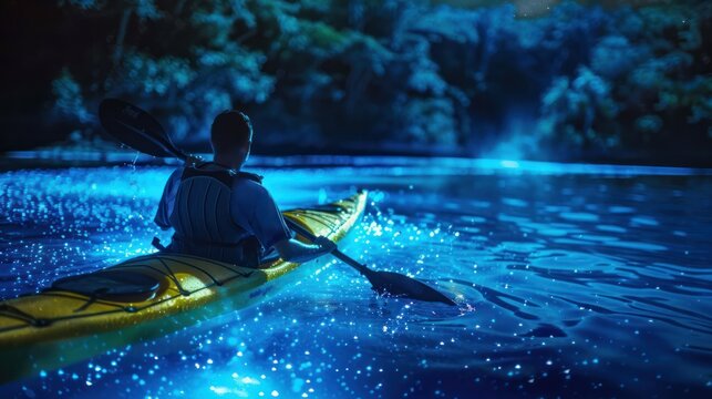  tranquil kayaking adventure through a bioluminescent bay, paddling amidst glowing plankton that illuminate the water with an ethereal blue light.  