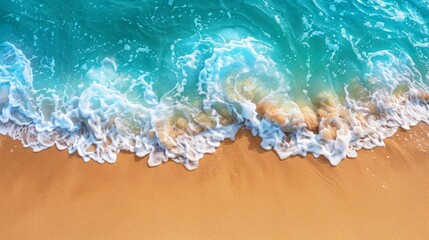 Fototapeta na wymiar From above, beach's golden sands kiss azure waves, tranquil oceanic marvel, panoramic, stunning detail, Magical, AI Generative