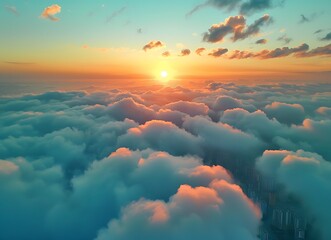 Beautiful sunset above the clouds aerial view of the city below blue sky with white fluffy clouds...