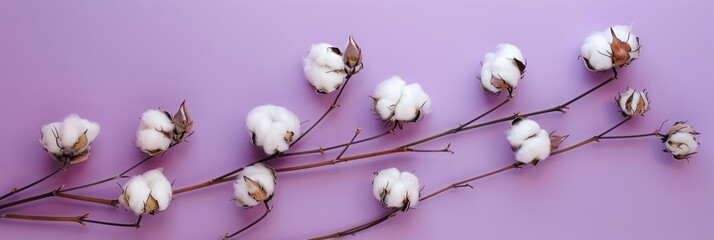 A beautiful sprig of cotton on a purple background, a place for text. Delicate white cotton flowers.
